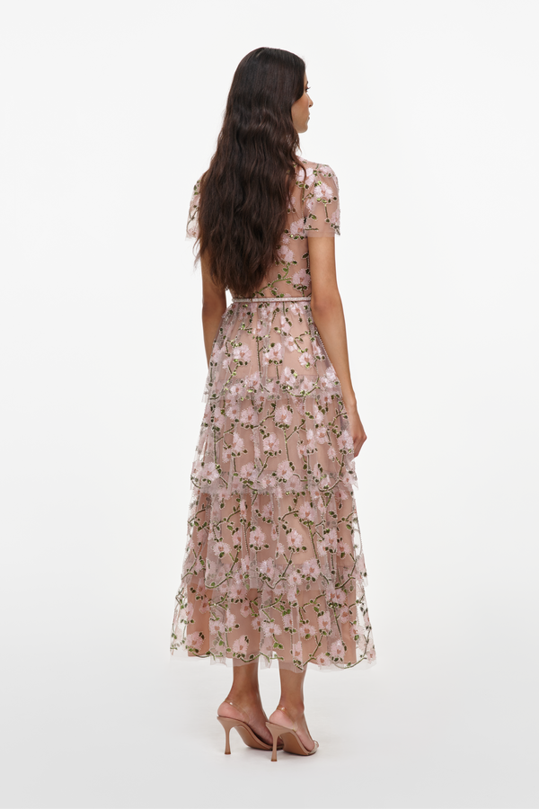Pink Sequin Embellished Tiered Midi Dress