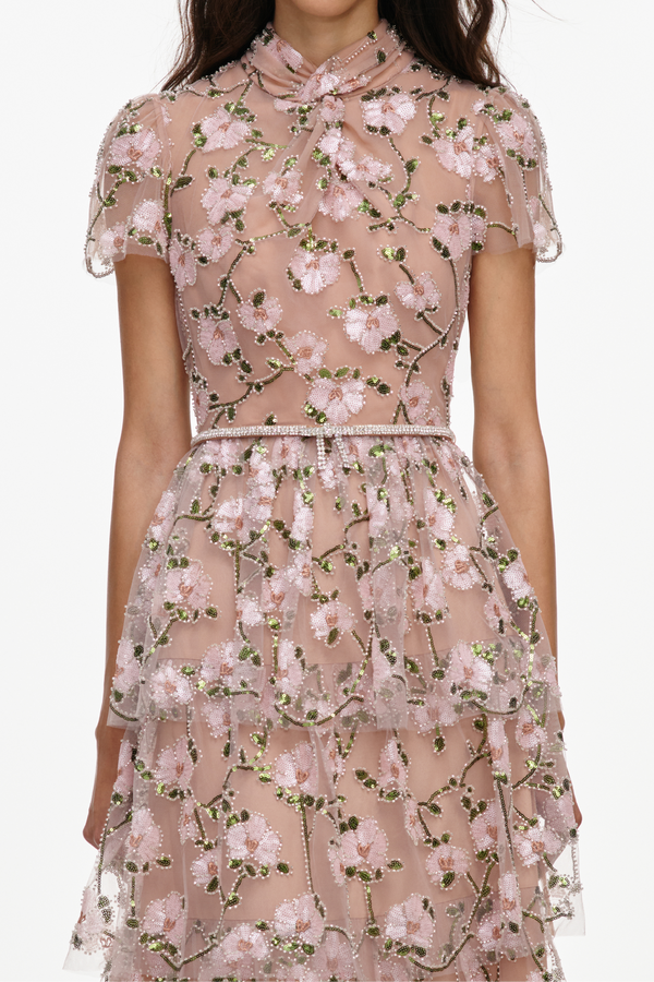 Pink Sequin Embellished Tiered Midi Dress