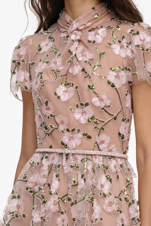 Pink Sequin Embellished Tiered Midi Dress
