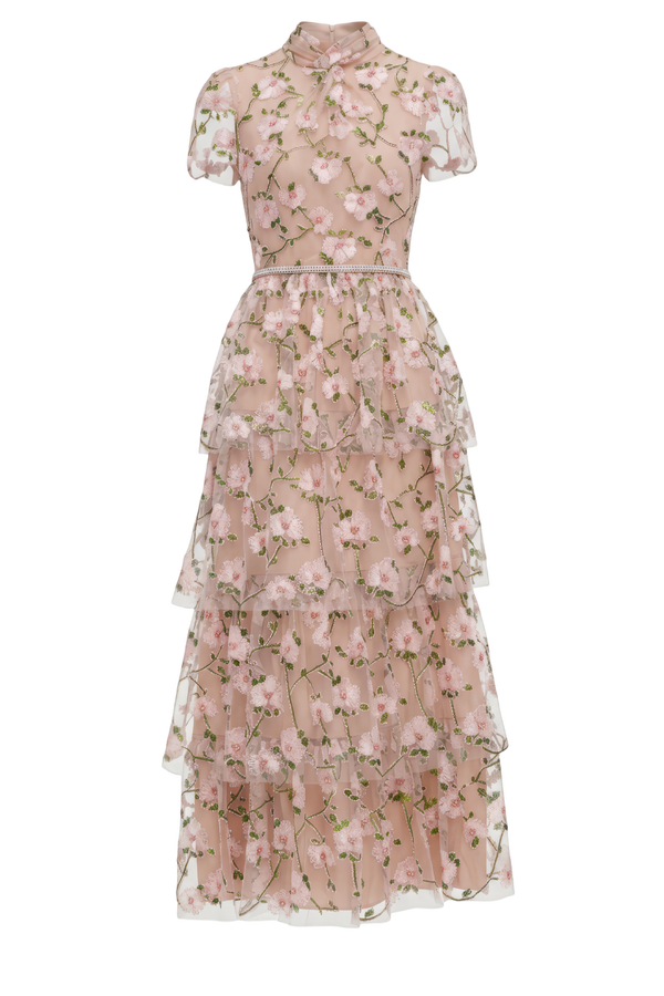 Pink Sequin Embellished Tiered Midi Dress