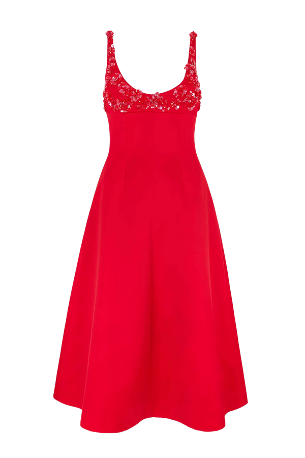 Abella Embellished Dress In Bright Red Doppio Satin