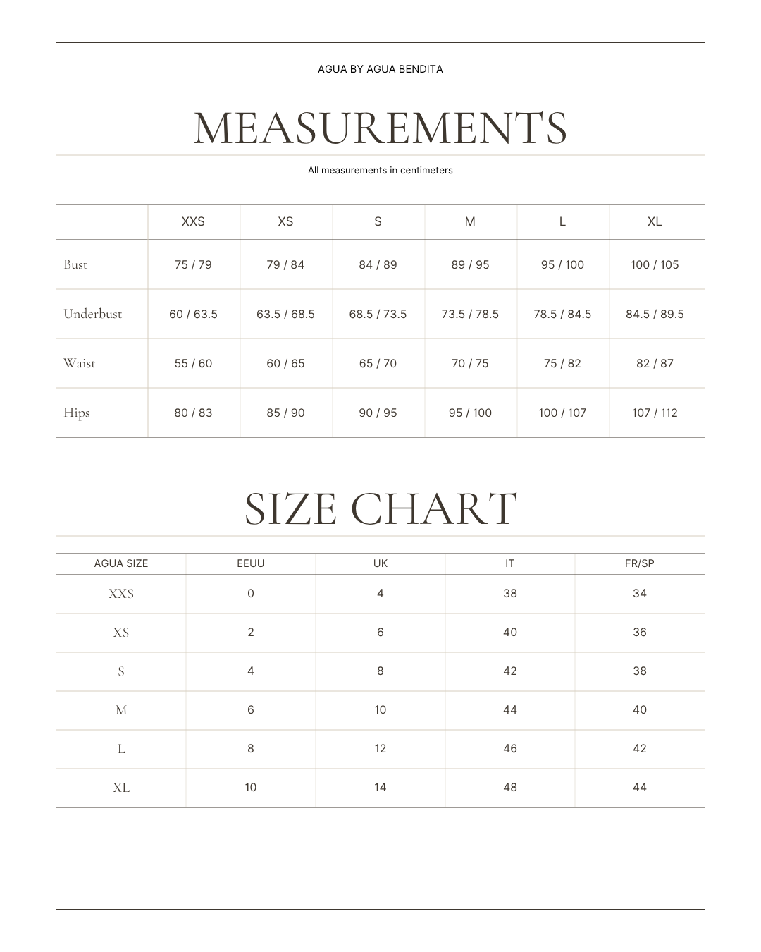 AGUA by AGUA BENDITA size chart