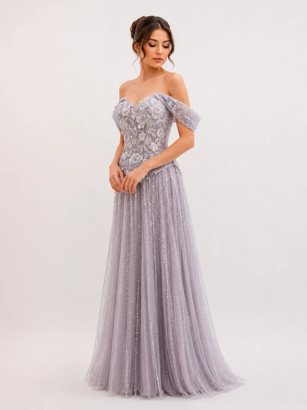 Off-Shoulder Beaded Lace Gown