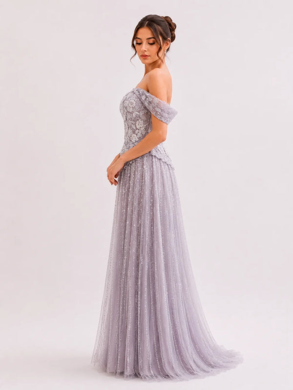 Off-Shoulder Beaded Lace Gown