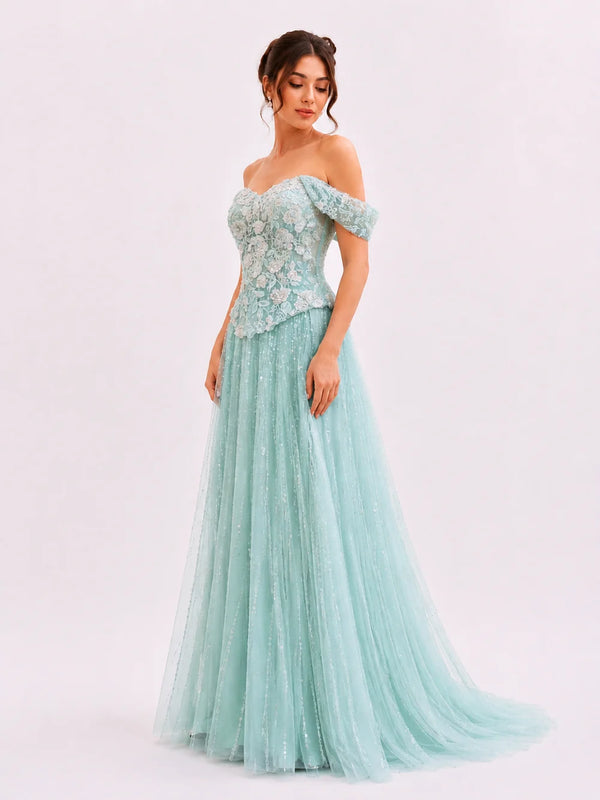 Off-Shoulder Beaded Lace Gown