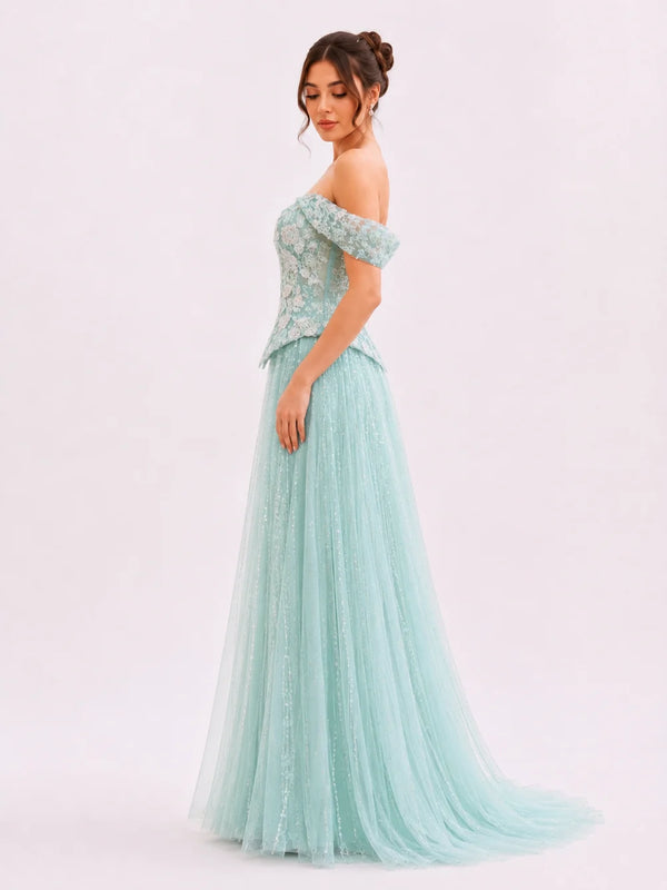 Off-Shoulder Beaded Lace Gown