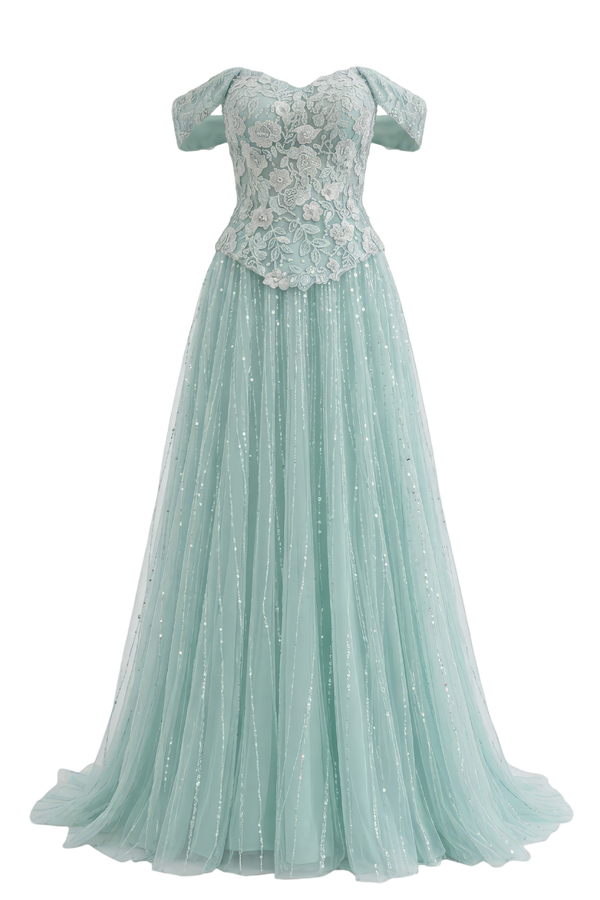 Off-Shoulder Beaded Lace Gown