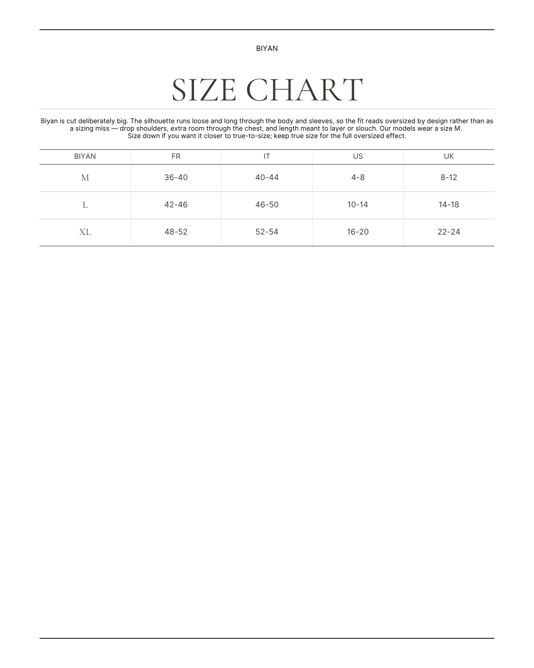 BIYAN size chart