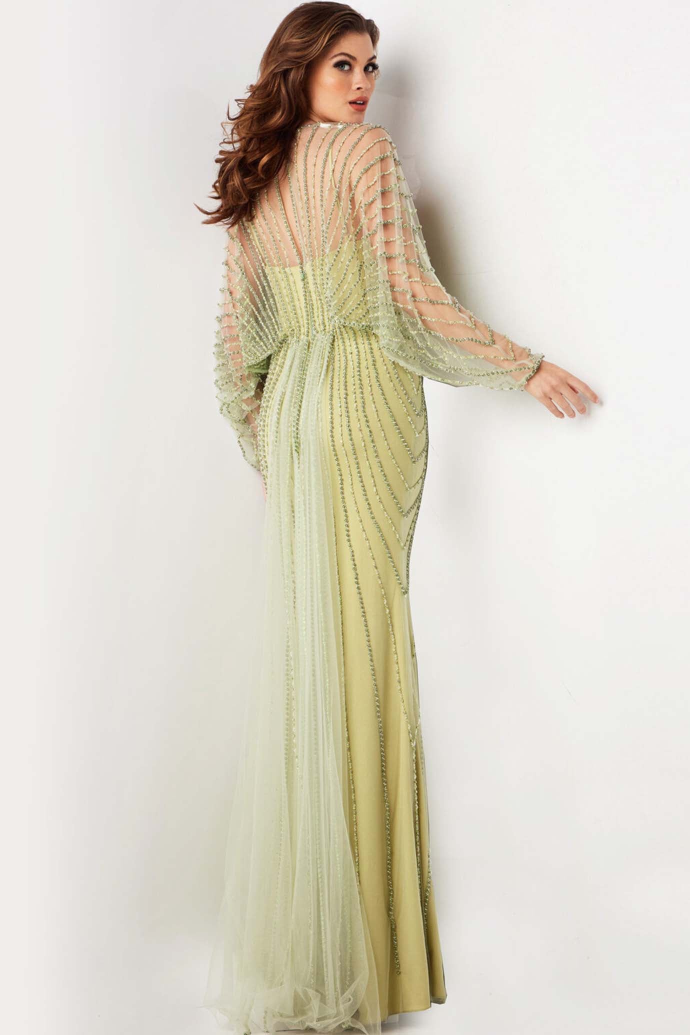 Beaded Long Sleeve Evening Dress