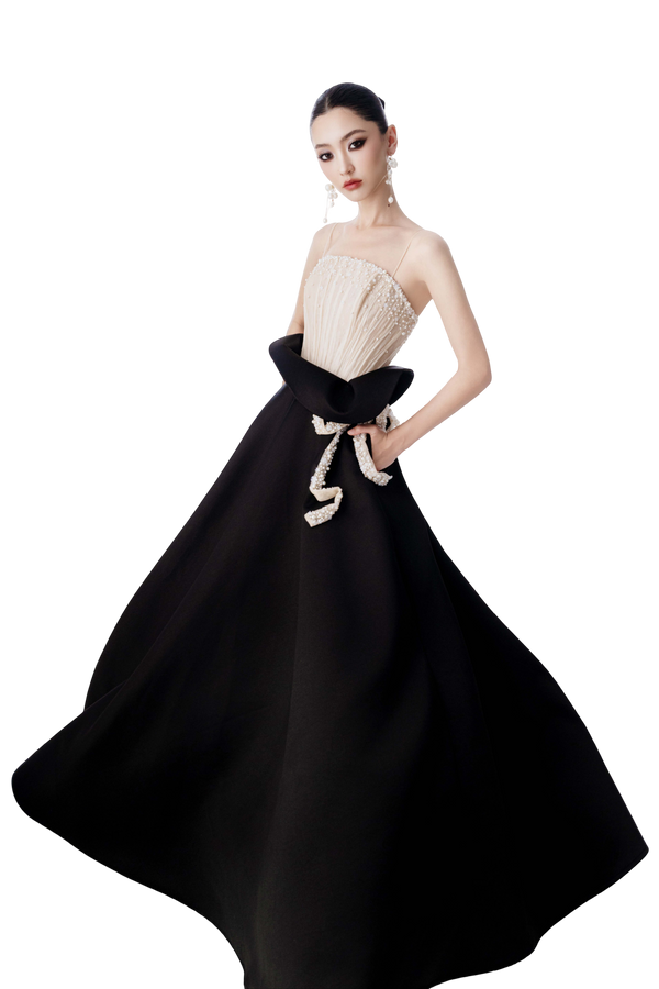 Beige and Black Pearl Ball Gown