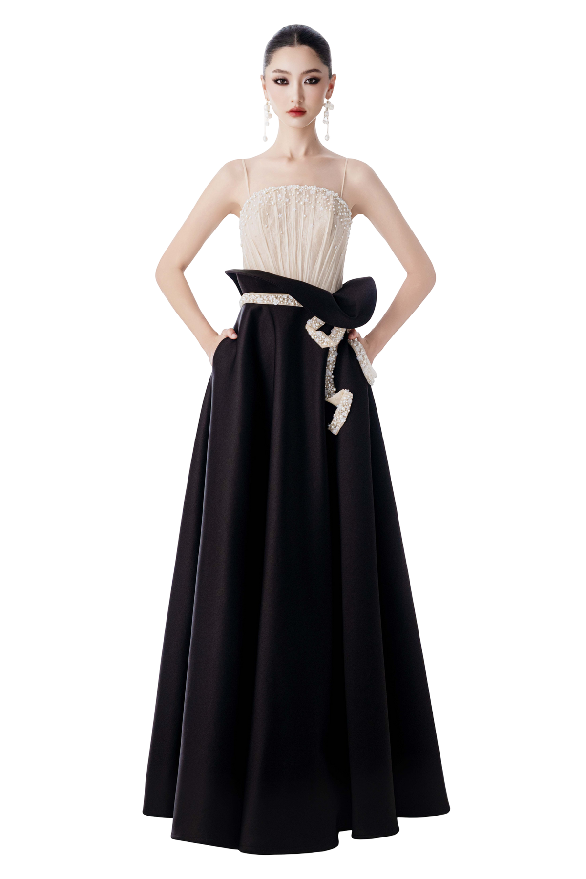 Beige and Black Pearl Ball Gown