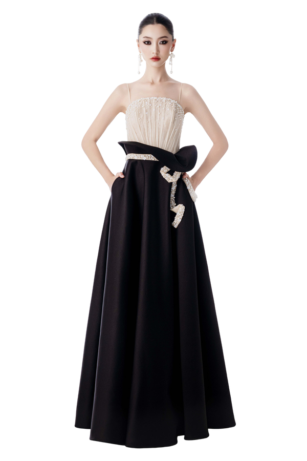 Beige and Black Pearl Ball Gown