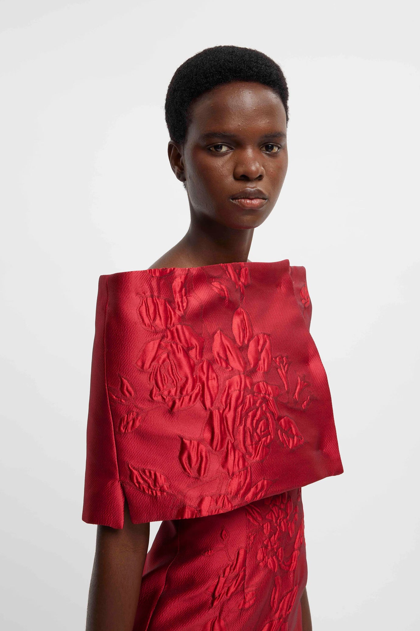 Bibiana Wrap In Red Graphic Rose Jacquard