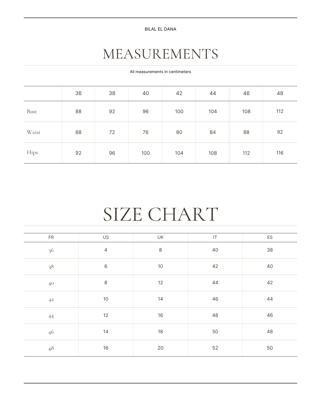 BILAL EL DANA size chart