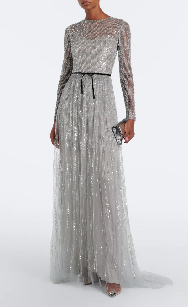 Bow-Detail Sequined Tulle Bustier Gown