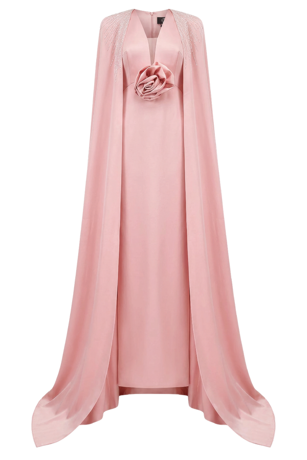 V-Neckline Sleeveless Gown With Long Cape