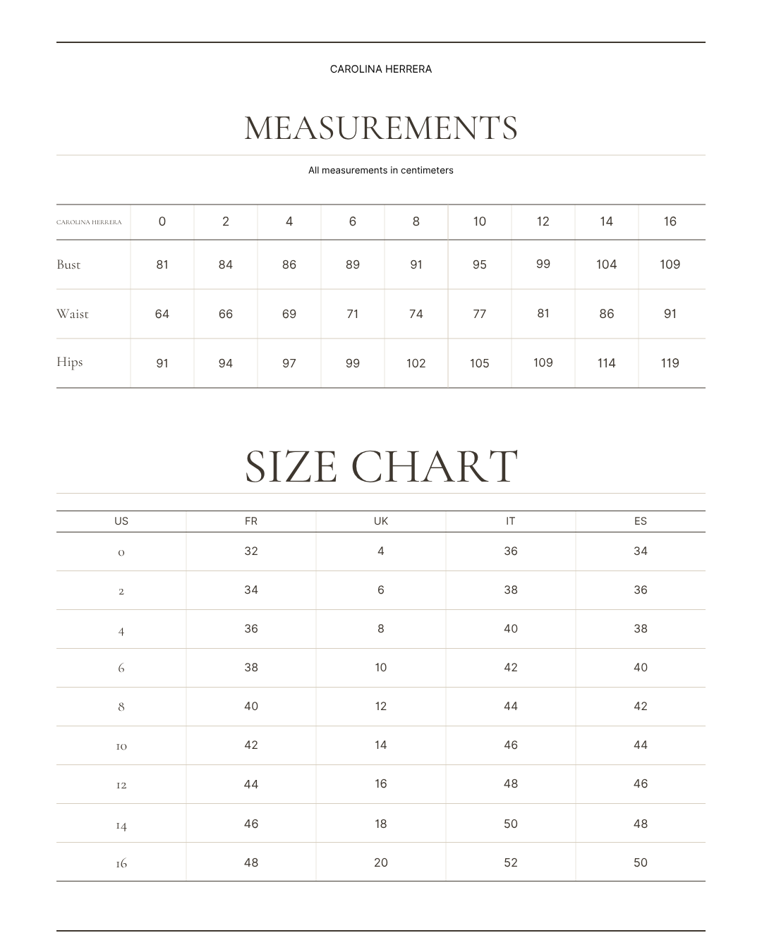 CAROLINA HERRERA size chart