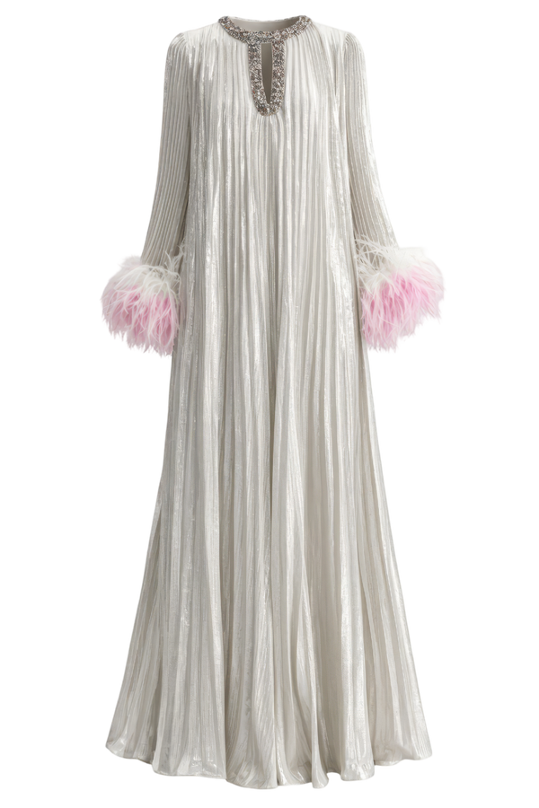 Champagne Metallic Ombre Feather Maxi Dress