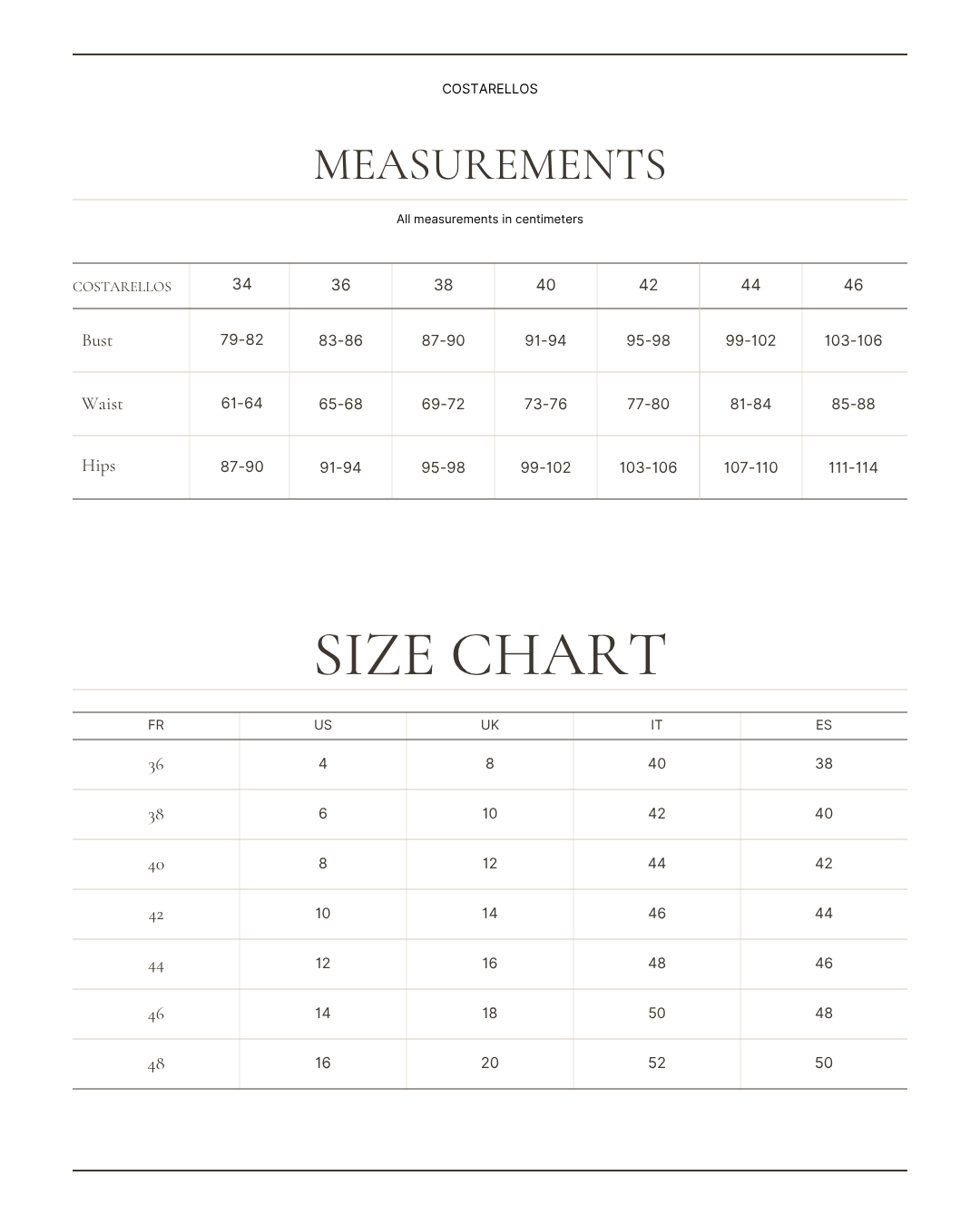 COSTARELLOS size chart