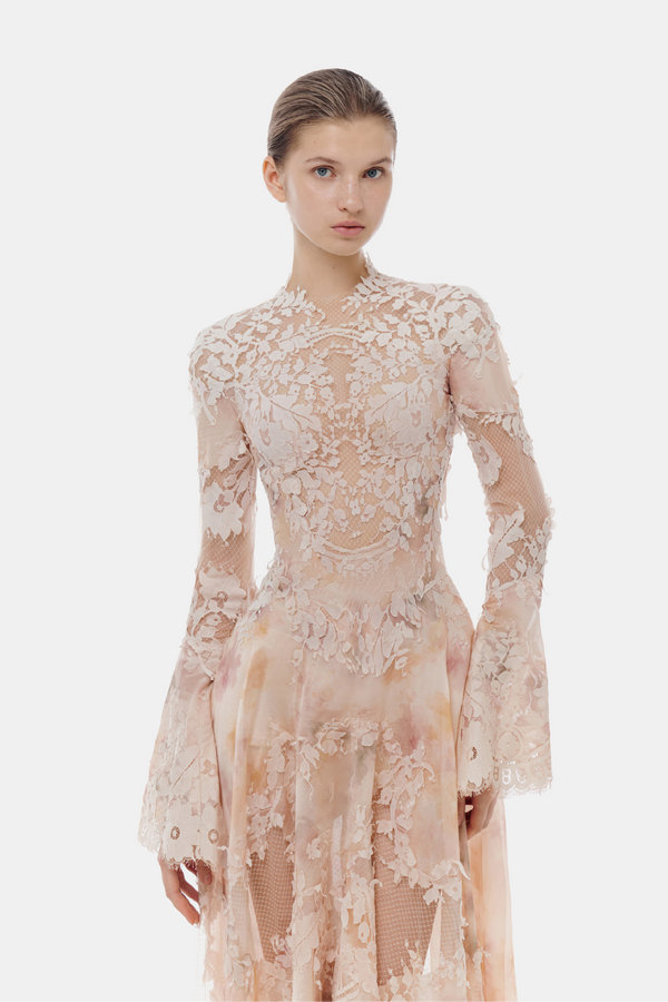 Peach Lace Applique Maxi Dress