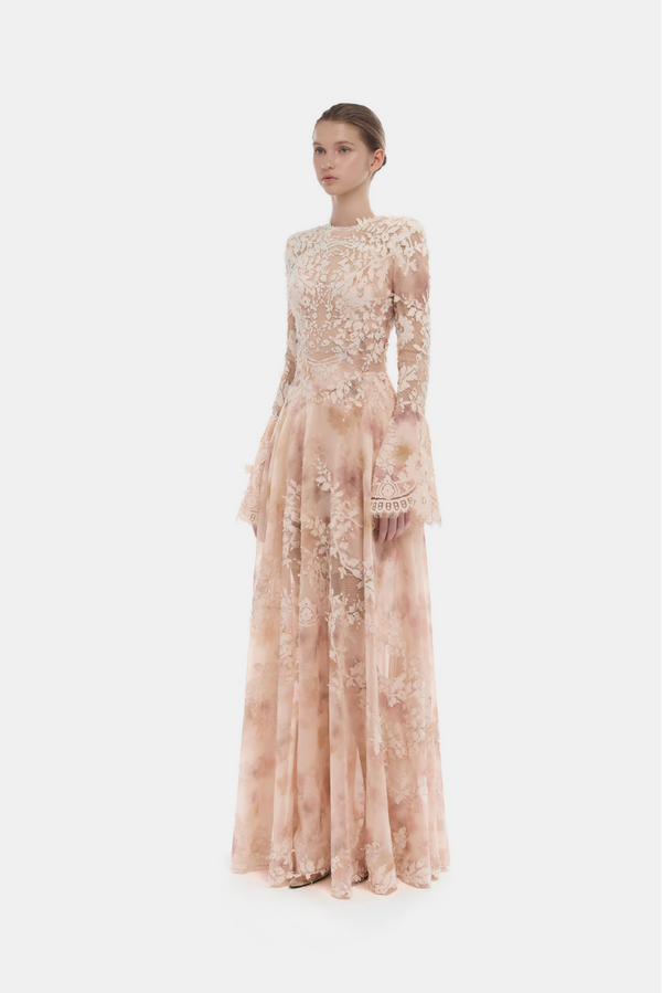 Peach Lace Applique Maxi Dress
