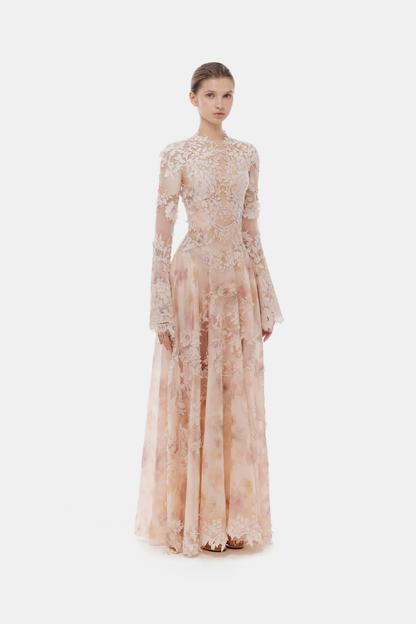 Peach Lace Applique Maxi Dress