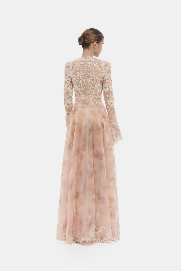 Peach Lace Applique Maxi Dress