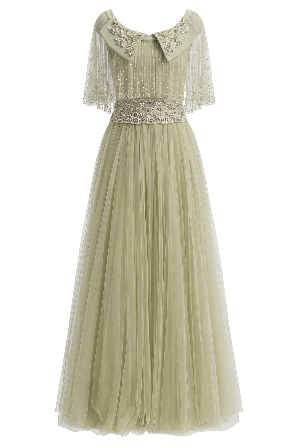 Pearl Embellished Collared Tulle Gown in Pistachio