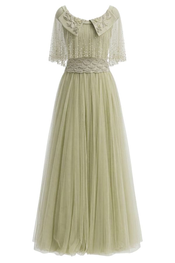Pearl Embellished Collared Tulle Gown in Pistachio