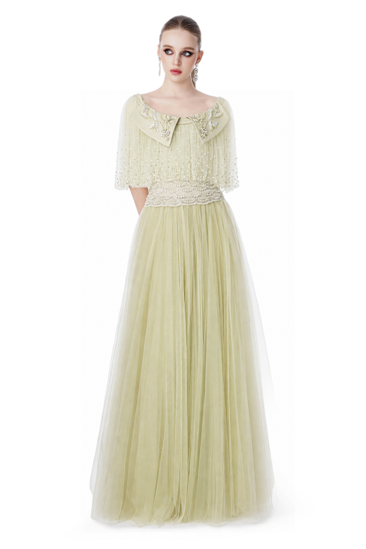 Pearl Embellished Collared Tulle Gown in Pistachio