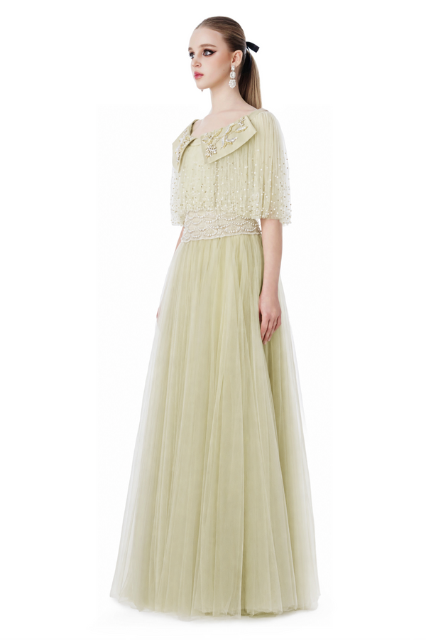 Pearl Embellished Collared Tulle Gown in Pistachio