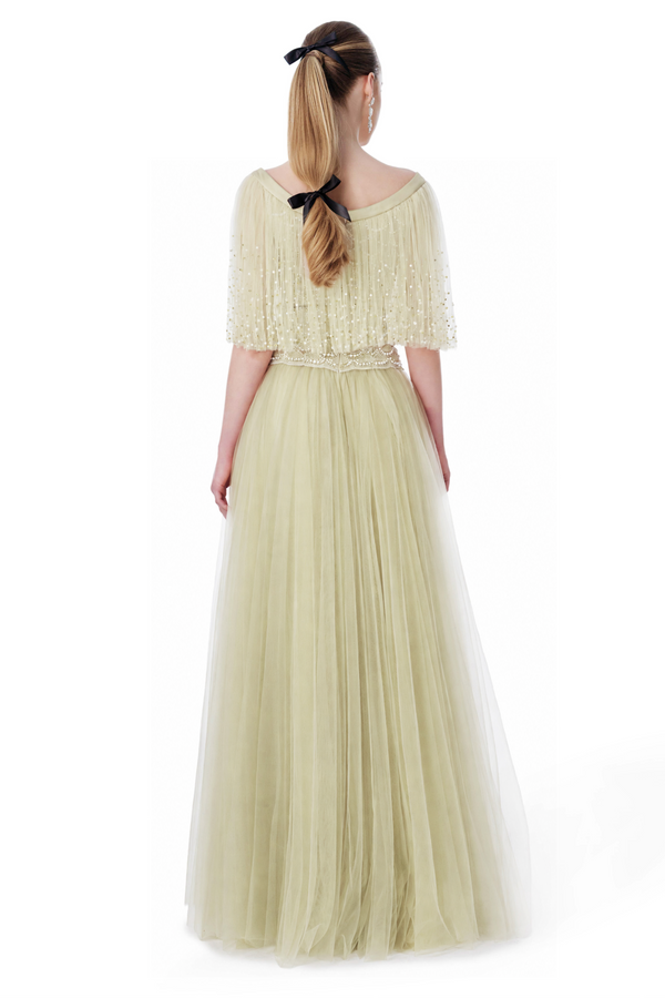 Pearl Embellished Collared Tulle Gown in Pistachio