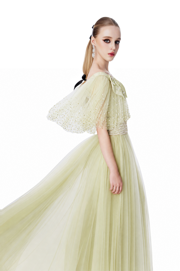 Pearl Embellished Collared Tulle Gown in Pistachio