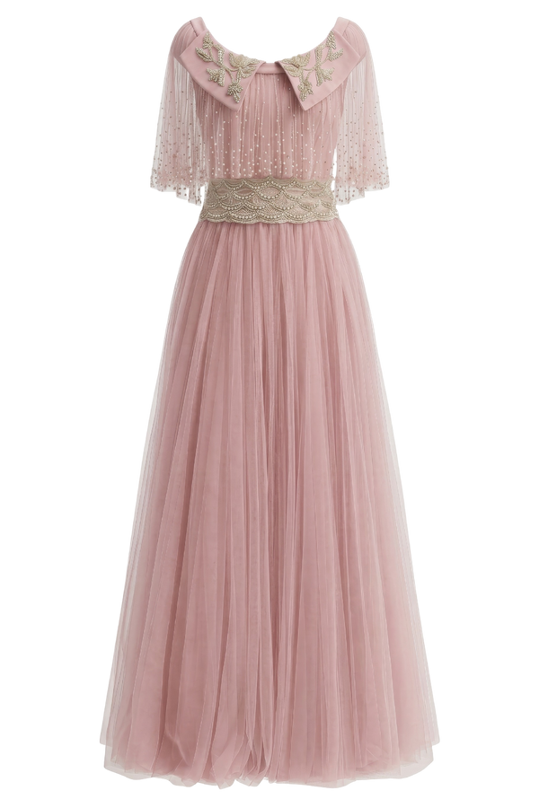 Pearl Embellished Collared Tulle Gown in Pink
