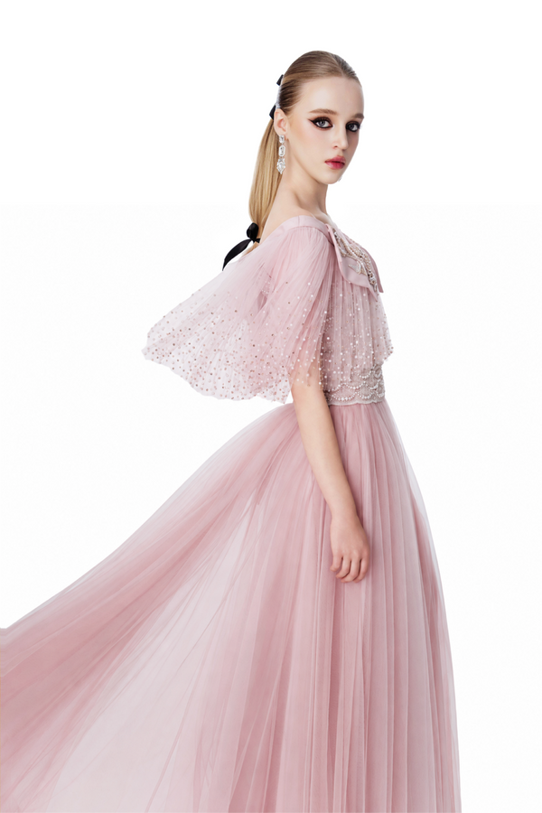 Pearl Embellished Collared Tulle Gown in Pink