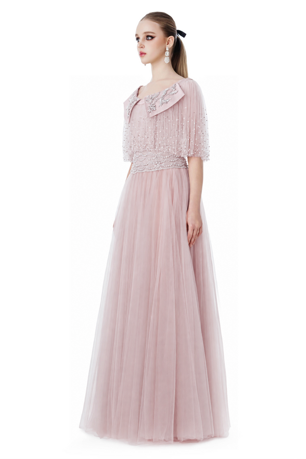 Pearl Embellished Collared Tulle Gown in Pink