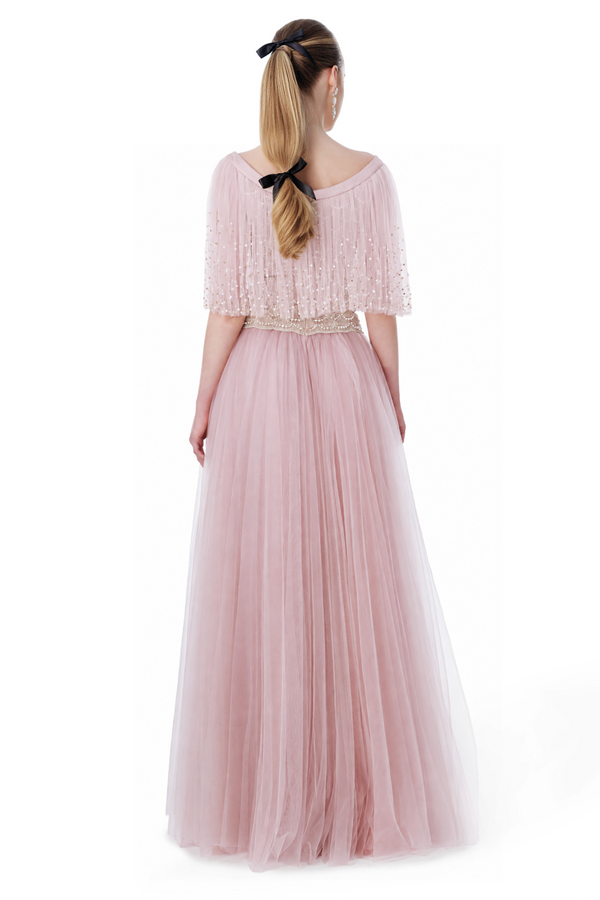 Pearl Embellished Collared Tulle Gown in Pink