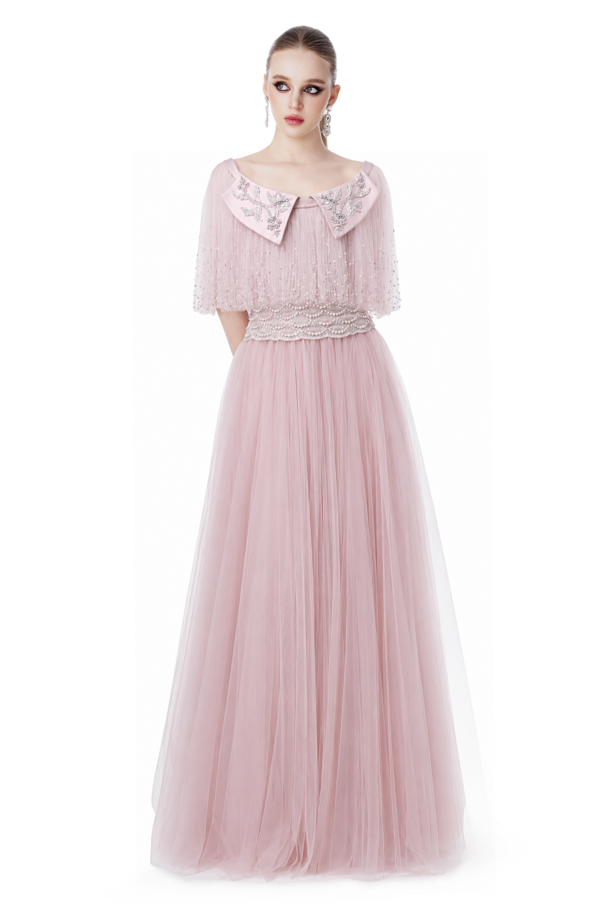 Pearl Embellished Collared Tulle Gown in Pink