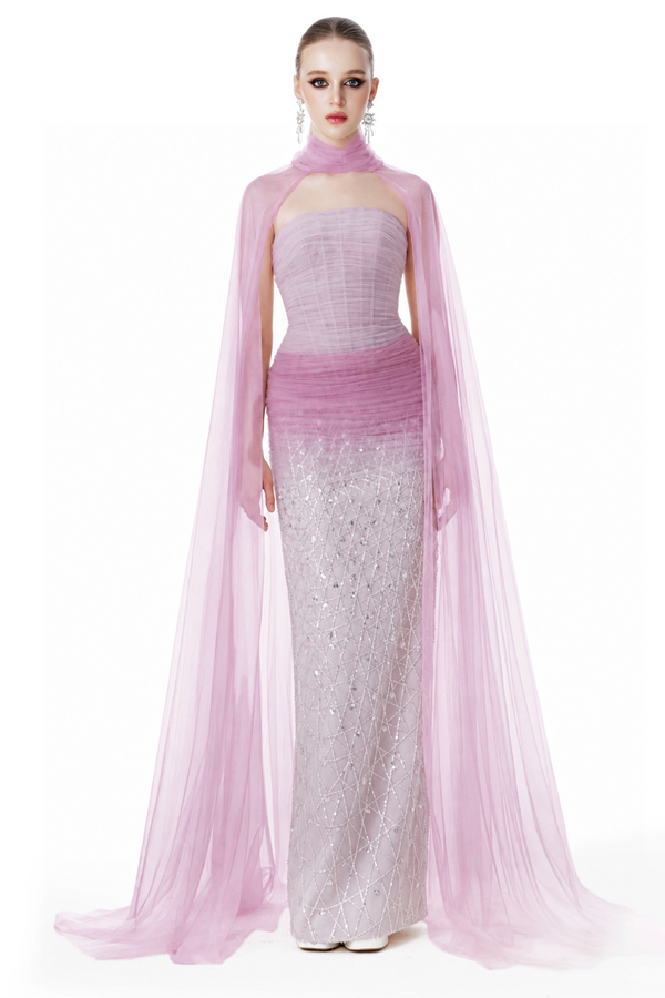 Purple Draped Strapless Gown with Tulle Cape