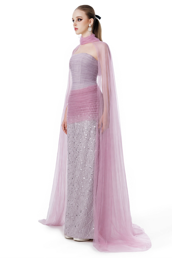 Purple Draped Strapless Gown with Tulle Cape