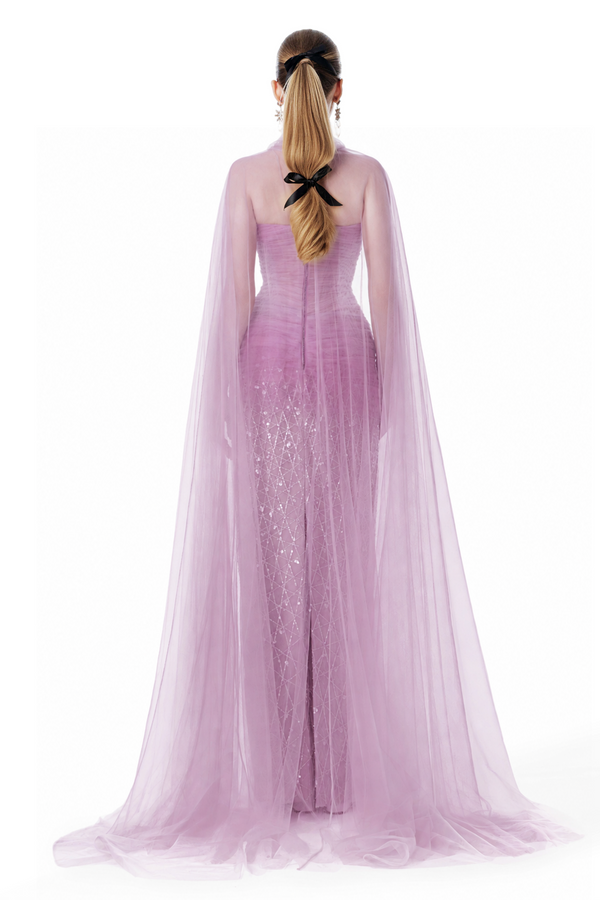 Purple Draped Strapless Gown with Tulle Cape