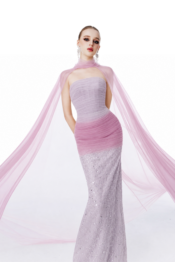 Purple Draped Strapless Gown with Tulle Cape