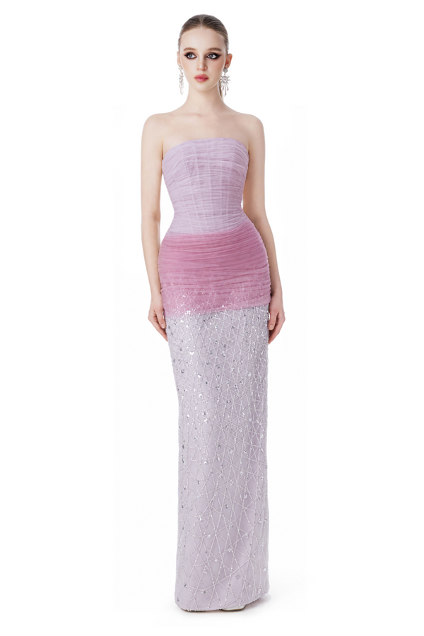 Purple Draped Strapless Gown with Tulle Cape