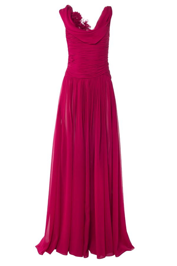 Draped Chiffon Gown with Floral Embellishment