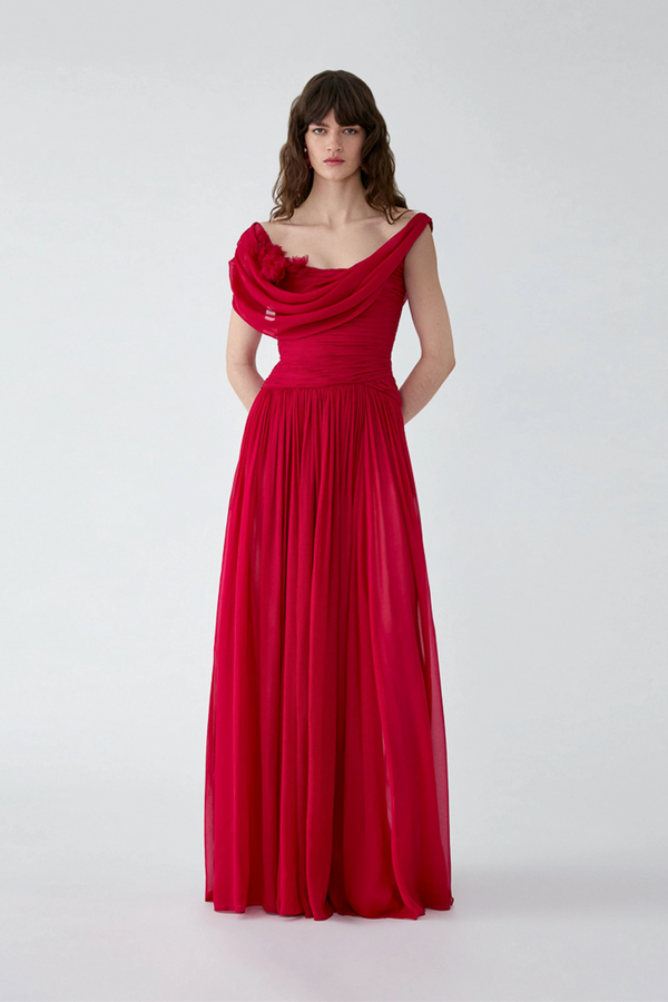 Draped Chiffon Gown with Floral Embellishment