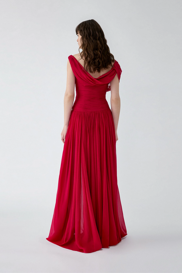 Draped Chiffon Gown with Floral Embellishment