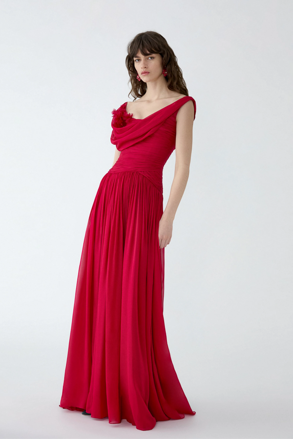 Draped Chiffon Gown with Floral Embellishment