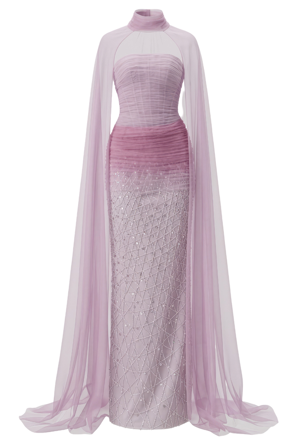 Purple Draped Strapless Gown with Tulle Cape
