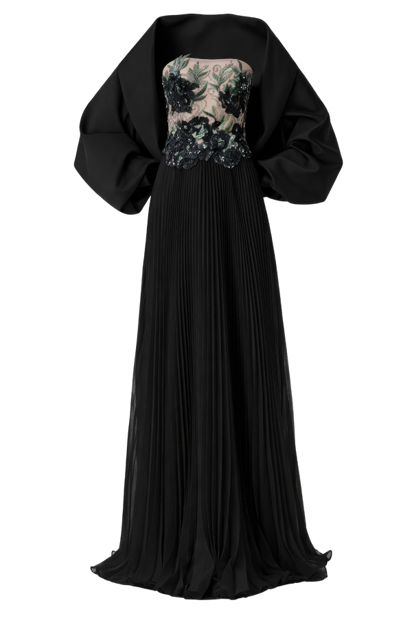 Black Embellished Pleated Gown with Wrap