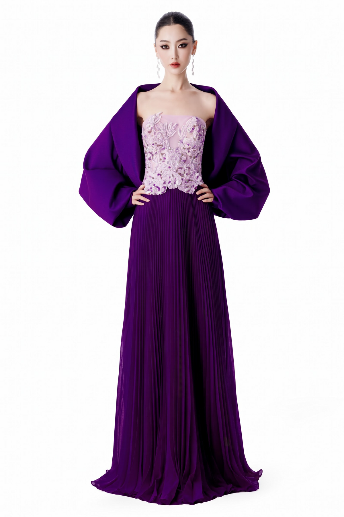 Embellished Pleated Gown with Wrap